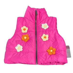 NWT‎ Bright Pink Vest Puffer Cropped Croquet Knit Flowers Zip One Size Preppy